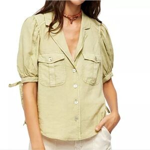Free People Linen Safari Babe Top in Fern Button Up Short Sleeve Medium